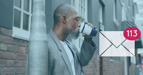 Senior Man Drinking Coffee with Rising Notification Icons