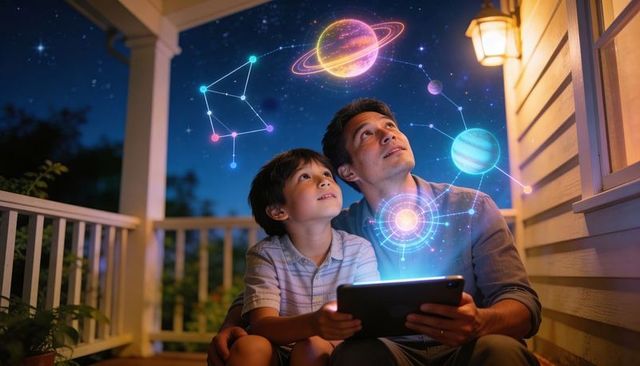 Father and son exploring holographic planets on porch at night with tablet stargazing
