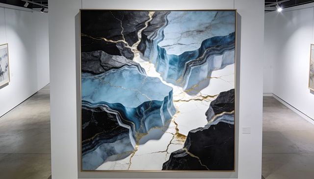 Blue black gold veined abstract painting large framed contemporary art hanging in gallery
