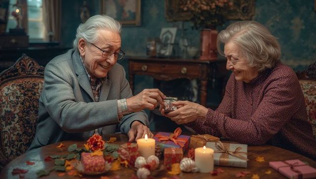 Happy Senior Couple Celebrating with Candles and Gifts