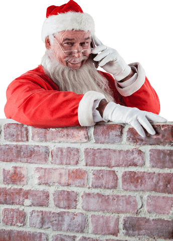 Santa Claus Calling from Behind Brick Wall, Transparent Background