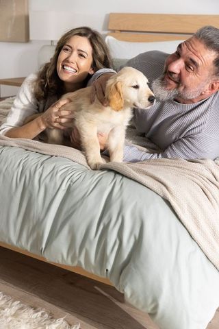 Smiling couple cuddling golden retriever puppy while reclining on cozy bedroom bed