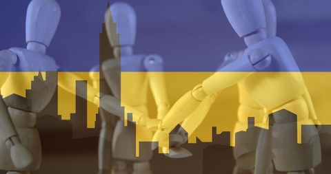 Mannequins Shaking Hands with Ukraine Flag and City Silhouette - Download Free Stock Images Pikwizard.com