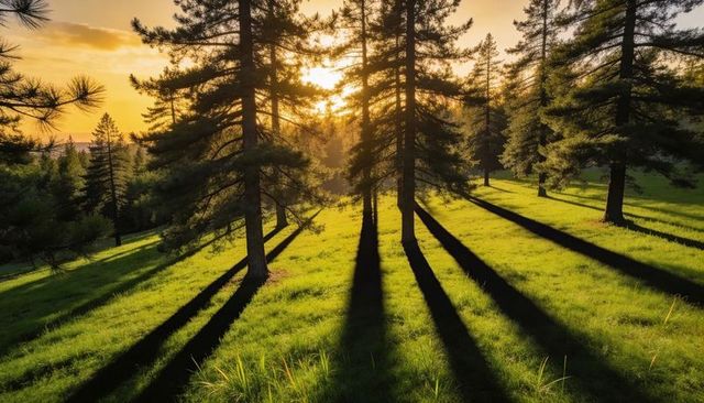 Sunset casting long pine tree shadows across lush green meadow on hillside golden hour