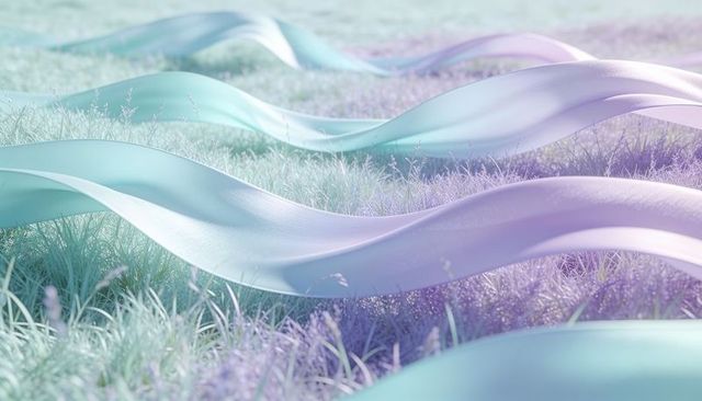 Pastel satin ribbons hovering over dewy meadow with soft bokeh and ethereal light