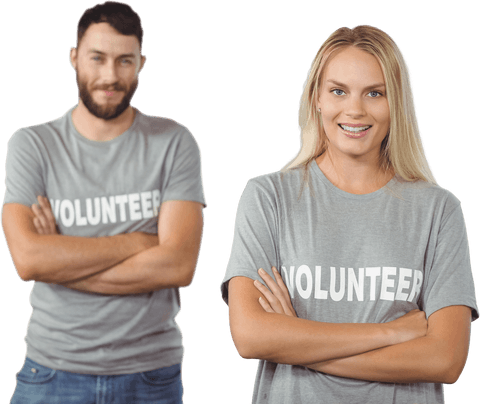 Smiling Volunteers in Transparent T-Shirts Standing Together