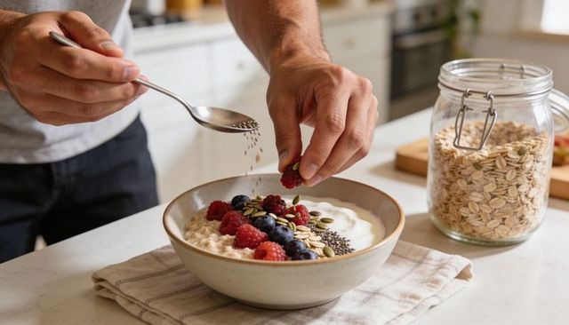 Placing raspberry and sprinkling chia seeds on oat porridge bowl with yogurt and berries