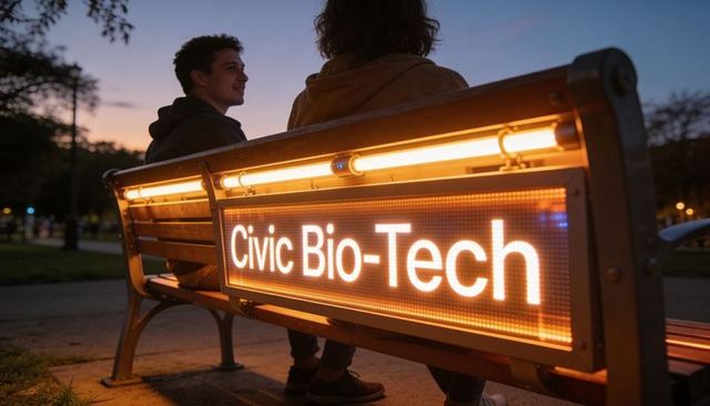 Teenagers relaxing on park bench with glowing civic bio-tech led panel at dusk