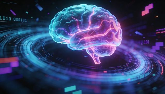Holographic brain floating above neon data ring, emitting light trails and binary code