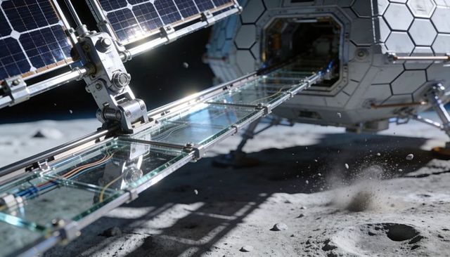 Glass Walkway Extending from Hexagonal Lunar Habitat to Solar Array with Dust Plume