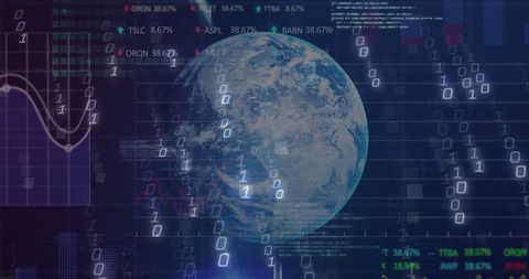 Earth globe with binary and financial data overlay