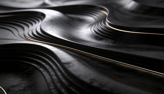 Black layered metal waves with gold contour lines, abstract luxury texture background