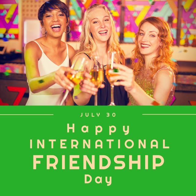Happy international friendship day text with happy diverse female friends making a toast with drinks. Celebration of friendship, appreciation campaign digitally generated image.