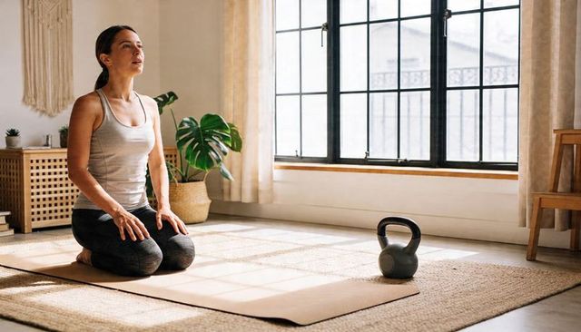Woman kneeling and breathing on yoga mat in sunlit minimalist living room kettlebell nearby