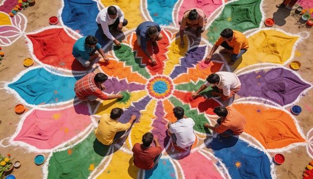 Creating giant colorful rangoli: community filling floral mandala with powder