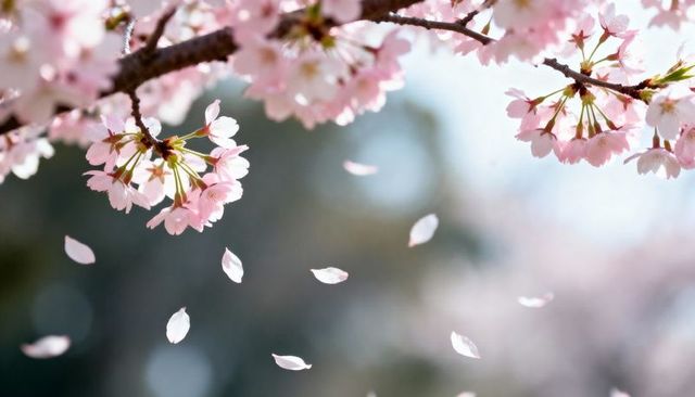 Spring cherry blossom branches with drifting petals and soft pastel bokeh sunlight