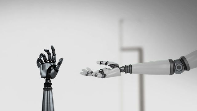 Video shows two robot hands reaching towards each other on a white background. Useful for depicting concepts of technology, connectivity, futuristic collaboration, artificial intelligence, or machine partnership. Great for marketing materials, tech articles, or presentations on innovation.