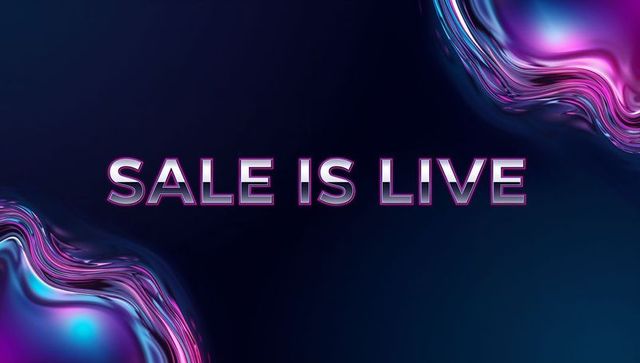 Neon chrome sale banner glowing sale is live headline with liquid iridescent swirls