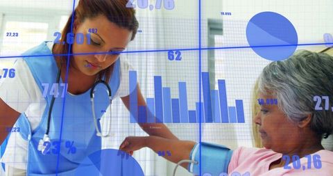 Nurse measuring blood pressure of senior patient with digital health analytics overlay
