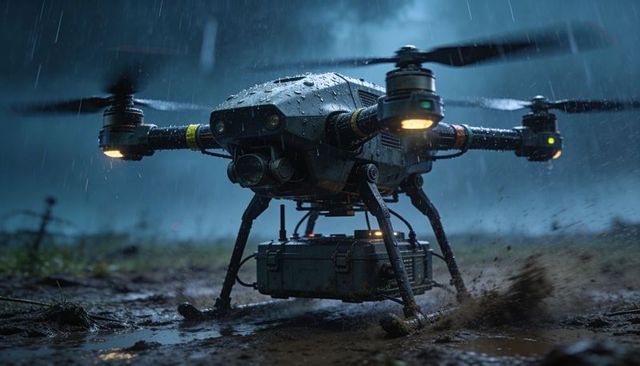 Rugged delivery drone descending into muddy field during heavy rain, lowering payload case