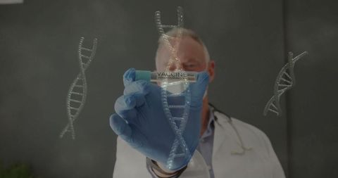 Senior Doctor Holding COVID-19 Vaccine Vial with DNA Graphics