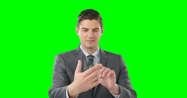 Young businessman adjusting his sleeve while wearing a formal suit. Green screen background allows for versatile usage. Suitable for corporate or business themes, presentations, promotional content, or video editing projects requiring chroma key effects.