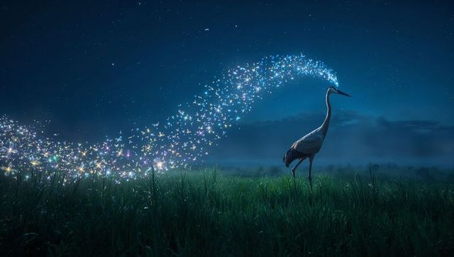Solitary crane standing watching glowing butterfly arc over misty night meadow