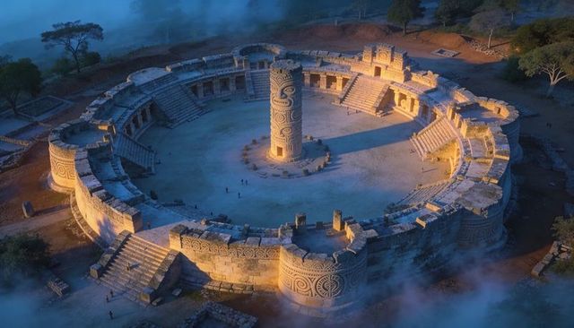 Circular ancient ceremonial plaza with carved monolith glowing at twilight aerial view