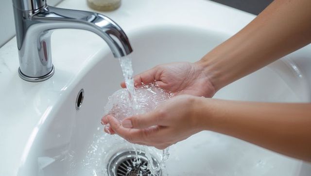 Cupping hands gathering clear running water from chrome faucet over porcelain sink closeup