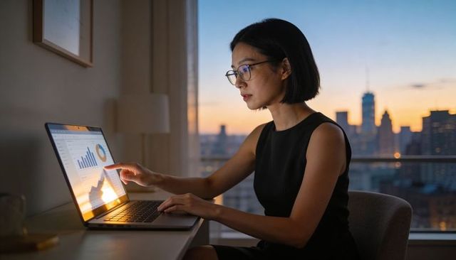 Business analyst reviewing laptop data dashboard at dusk with city skyline view
