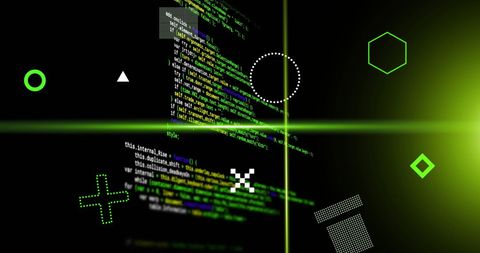 digital interface with code and geometric shapes in motion - Download Free Stock Images Pikwizard.com