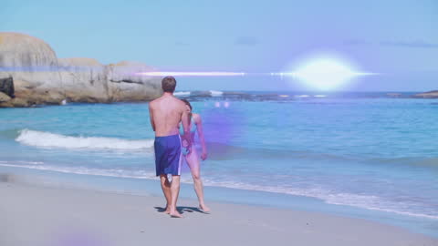 Couple Walking on Tranquil Beach with Blue Skies