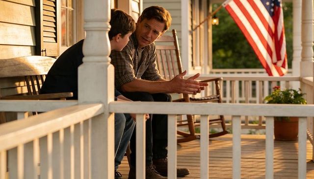 Father talking with teen son on sunlit front porch rocking chair with american flag