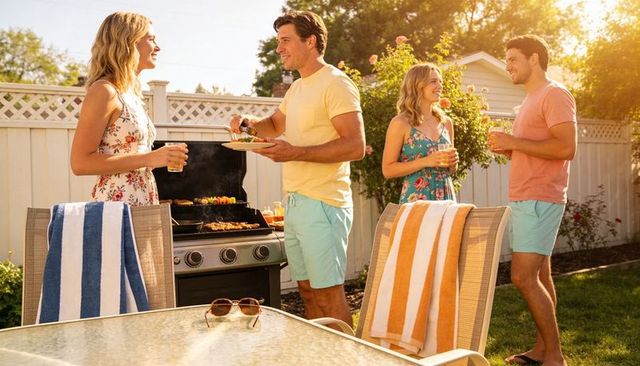 Group enjoying backyard barbecue and summer drinks on sunlit patio, casual outdoor gathering