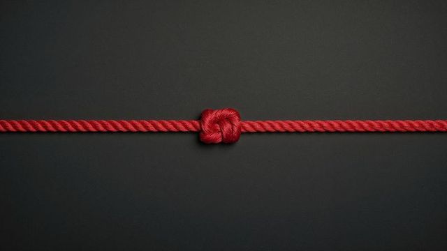 Red rope with overhand knot on black minimalistic background