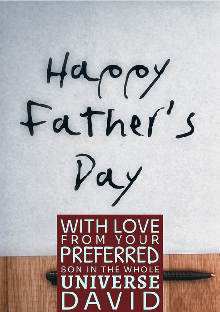 This template can be used to create personalized Father's Day cards and messages. Features a unique handwritten note wishing a Happy Father's Day with a loving message from a son named David. Perfect for customizing touching greetings for dads, showcasing the bond between father and child, and adding a personal touch to Father's Day celebrations.