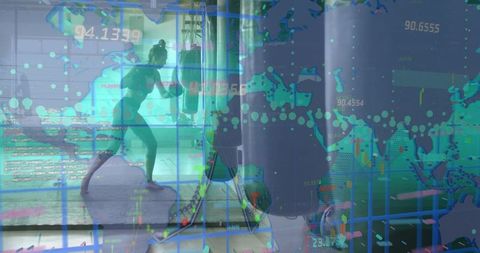 Female boxer training on heavy bag with fitness data overlay and performance analytics