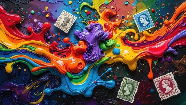 Abstract vivid paint swirls with vintage portrait stamps