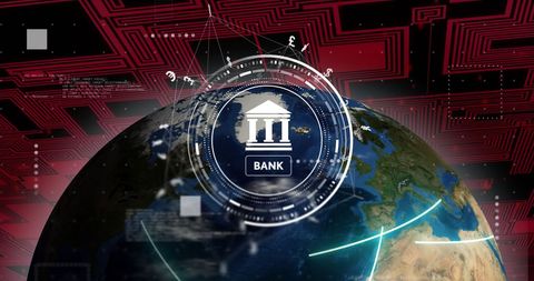 Digital Banking System Over Rotating Earth Highlighting Global Finance