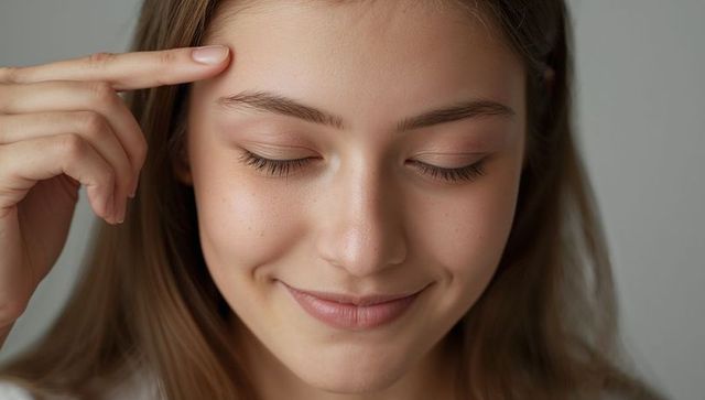 Smiling teen female closing eyes and touching temple, serene freckled brunette headshot
