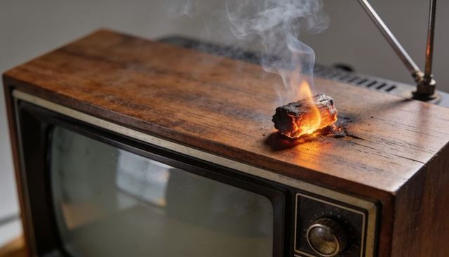 Smoldering ember on vintage wooden television top with smoke, scorch marks, retro knob