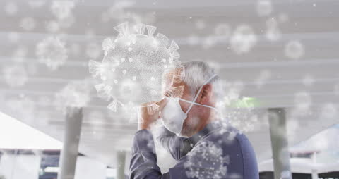 Senior Man Wearing Face Mask with COVID-19 Virus Animation