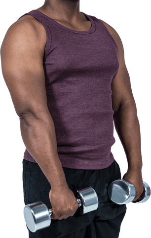 Transparent view of fit man lifting dumbbells in gym