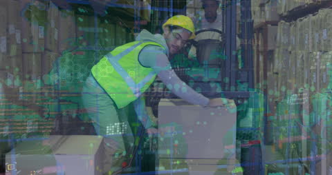 Warehouse Worker Handling Boxes Amid Financial Data Overlay