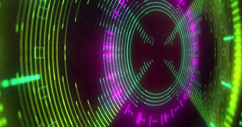 Rotating Neon Circular HUD with Concentric Rings and Pulsing Data Interface