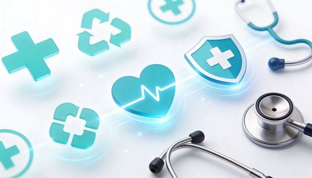 Pulsing cyan heart showing ecg and shield illustrating digital health security and telemedicine