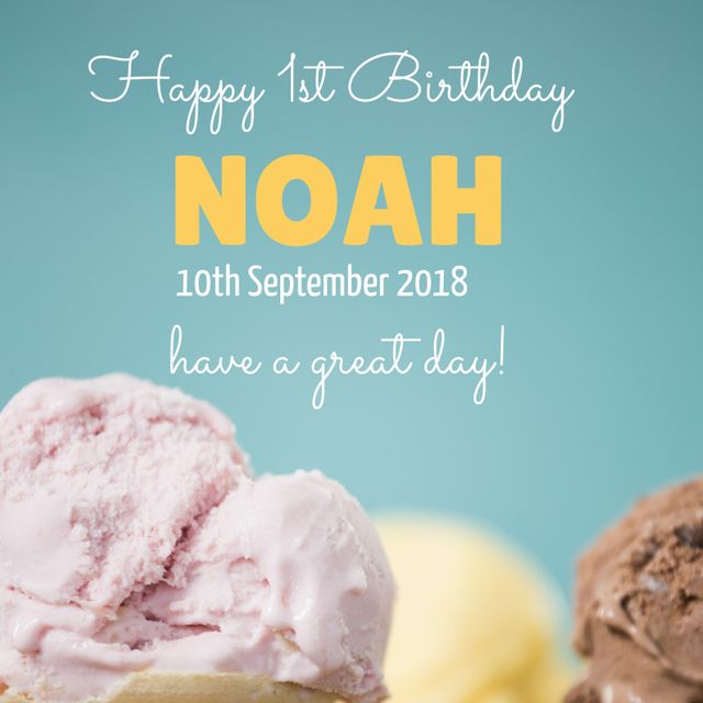 Colorful ice cream-themed graphic celebrating a first birthday with cheerful text on a blue background. Ideal for birthday party invitations, social media posts, greeting cards, and digital celebrations, evoking a sense of joy and sweetness.