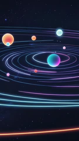 Exploring Neon Orbital System in Vertical Futuristic Space Animation with Glowing Planets