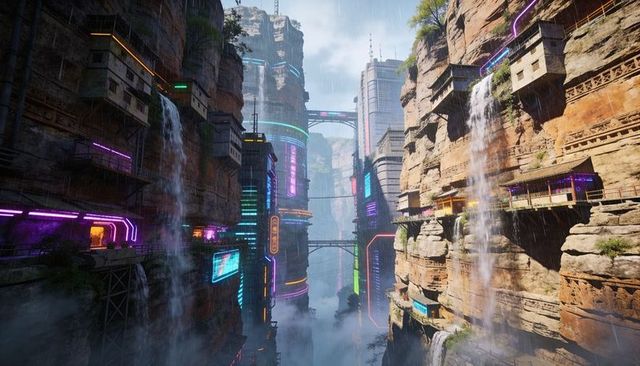 Futuristic canyon city rising from cliffs with neon towers, waterfalls and skybridges