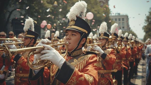 Marching band parade with trumpet player in festive celebration